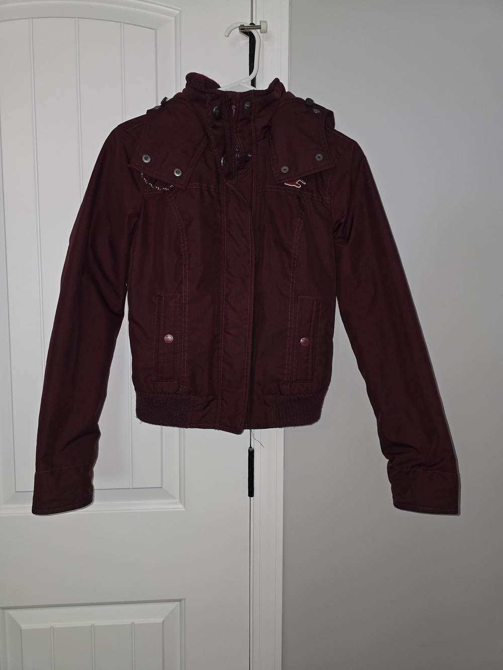 Hollister Women's Deep Wine Hooded Bomber Jacket